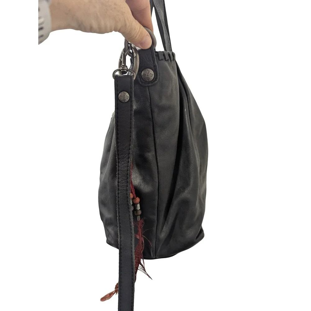 Patricia Nash Black Leather Whipstitch Satchel Crossbody Bag with Feather Charm